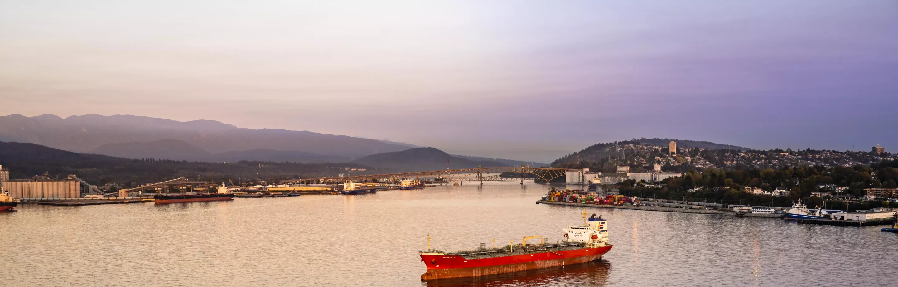 A bulk cargo ship floats in the water at twilight