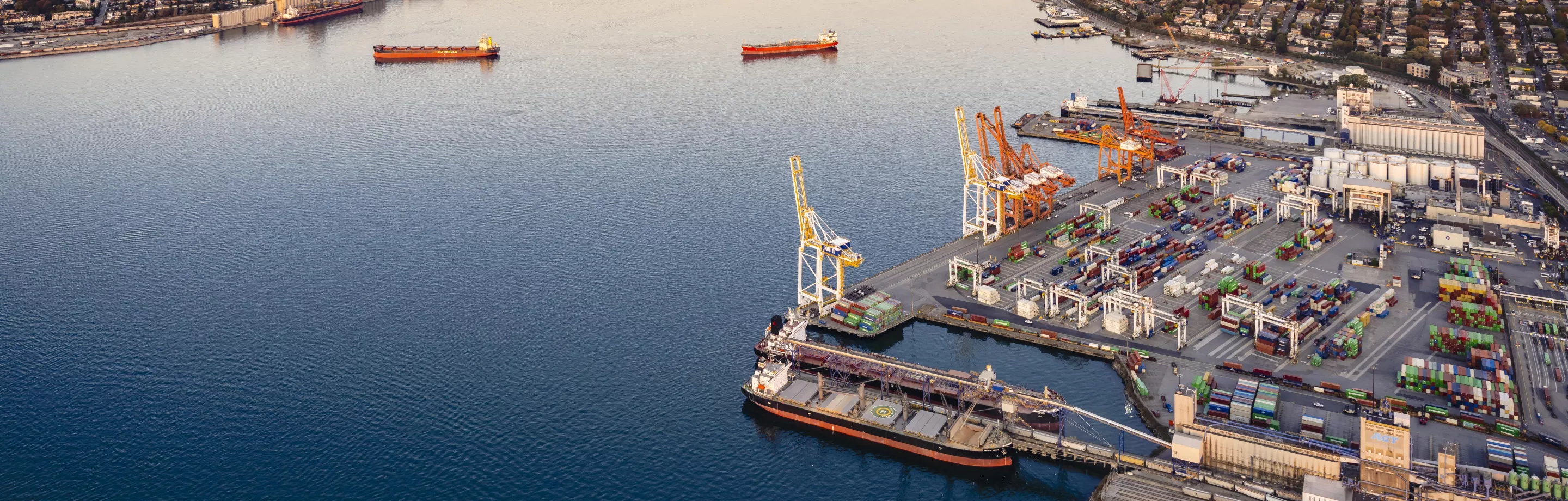 Burrard Inlet with ships and terminals