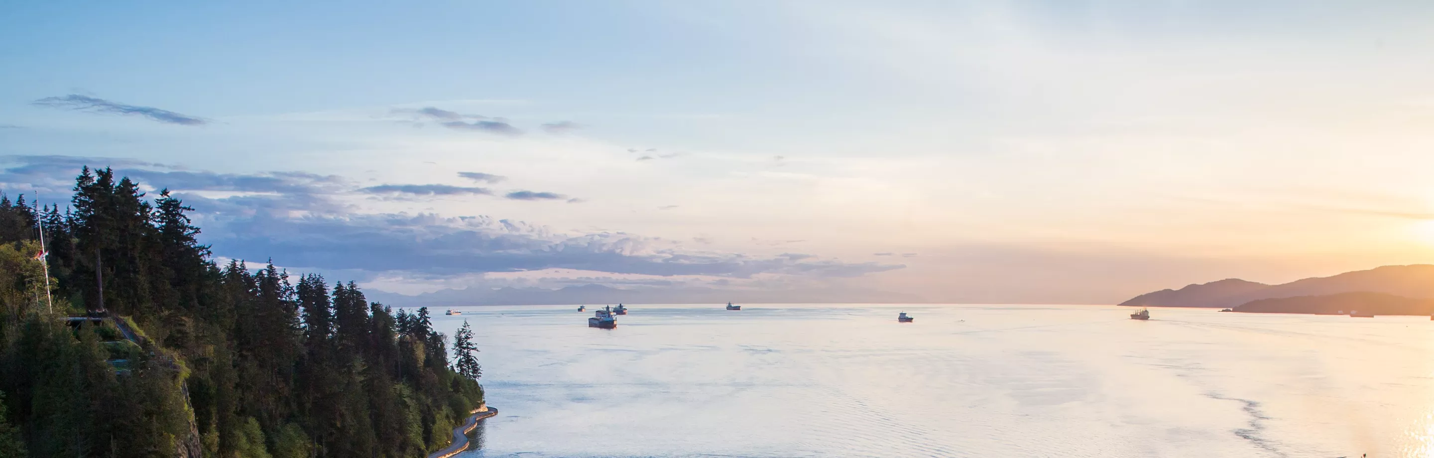 Ship anchorage at sunset in the Burrard inlet