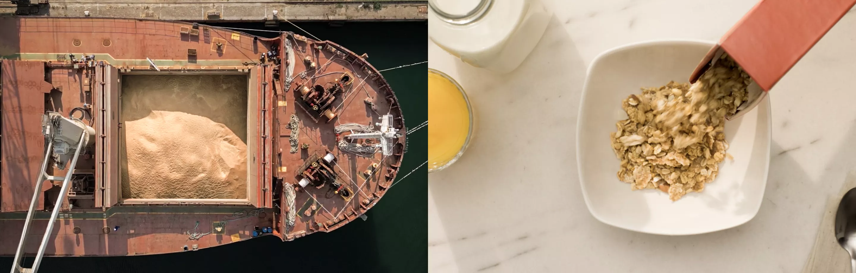 Side by side image of a ship's hull filled with grain and a bowl of granola