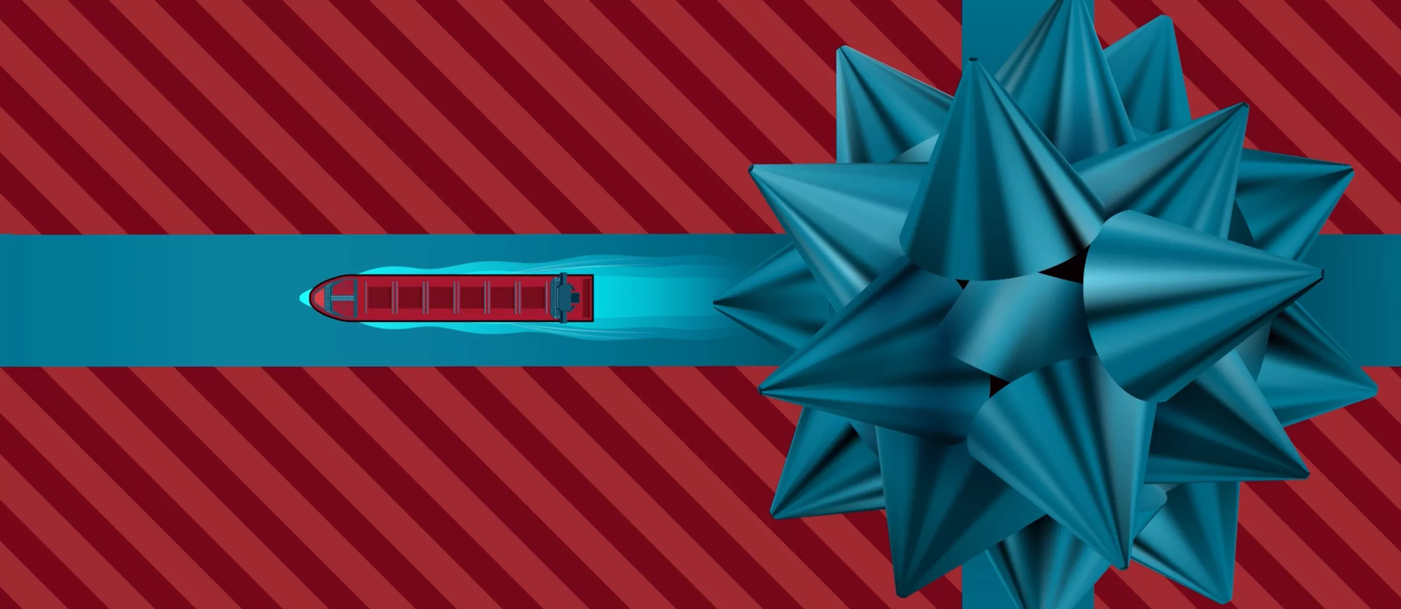 Illustration graphique représentant un cadeau emballé sur un fond rouge à rayures diagonales. Un ruban bleu le traverse horizontalement et verticalement, avec un grand nœud bleu brillant sur la droite. À gauche, le ruban se transforme en une voie navigable stylisée, où un cargo navigue comme s'il faisait partie de l'emballage du cadeau.