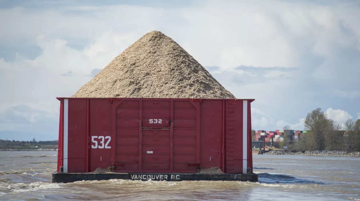 A red barge carrying a load of dry bulk cargo