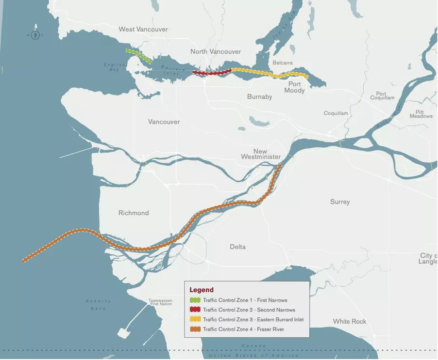 AVTM traffic control zones Overview of traffic control zones within the Vancouver Fraser Port Authority’s jurisdictional waters